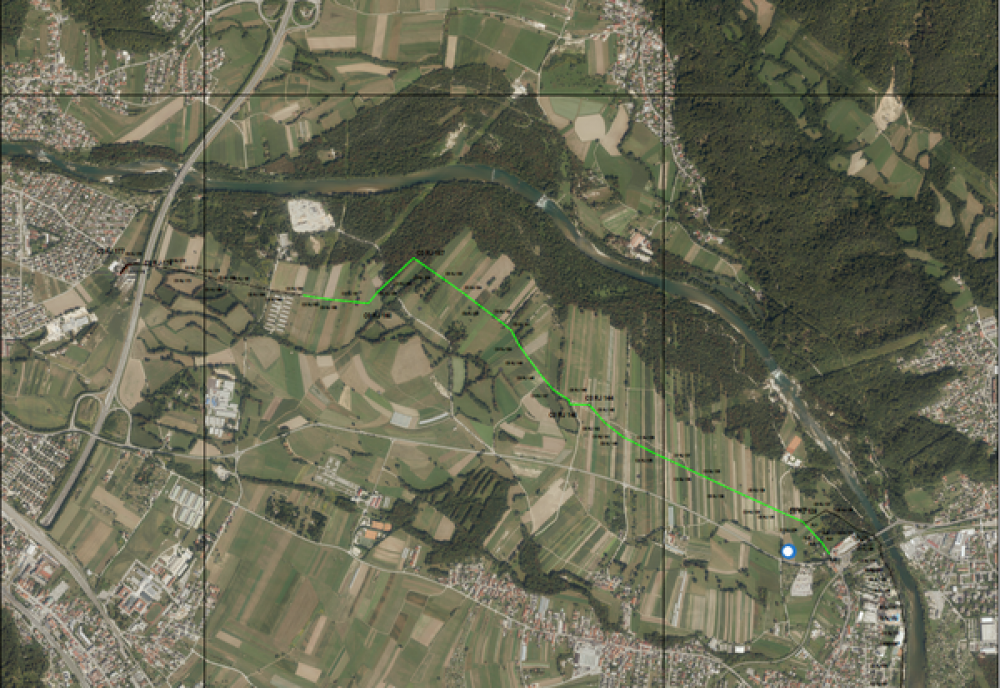 Karta s prikazom trase kanala C0 Brod–Črnuče (zeleno) in označeno lokacijo RJ129